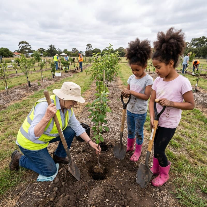 Bénévoles plantant un arbre en famille