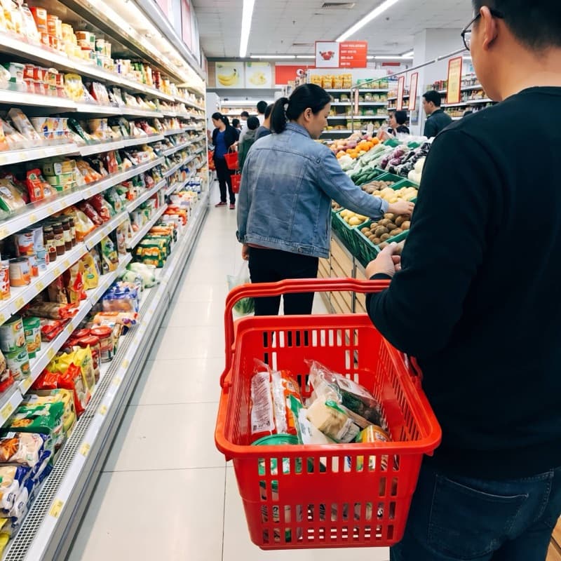 Client faisant ses courses au supermarché, panier à la main