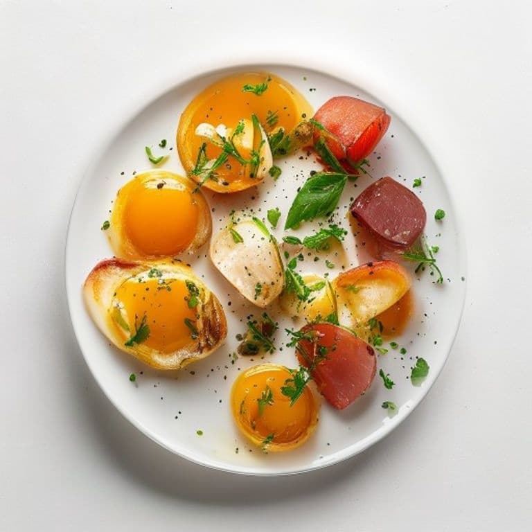 Œufs au plat, pomme de terre sautée et jambon