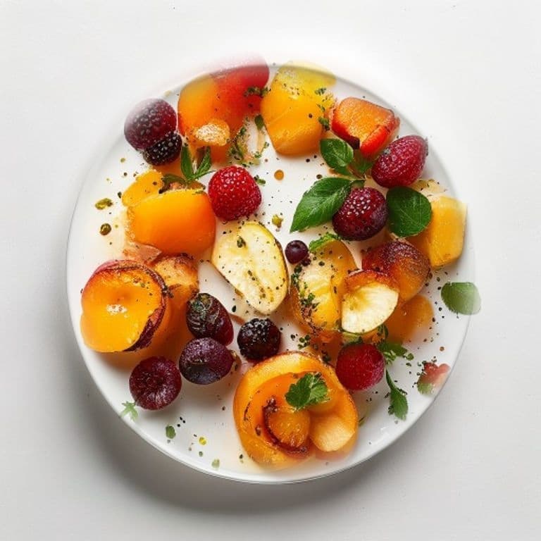 Fruits d'été rôtis, pêche et abricot au caramel