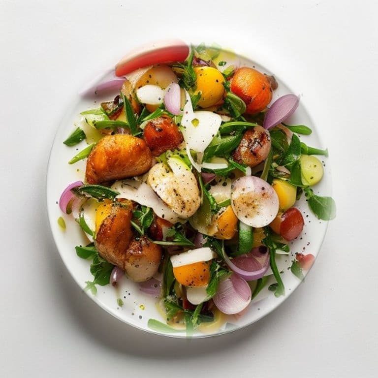 Poulet, haricots verts et oignon rouge, vinaigrette