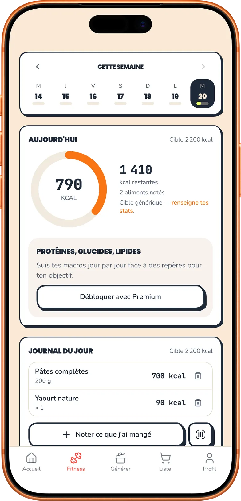 KOSTO sur iPhone : le compteur de calories du jour, la cible et le journal des aliments
